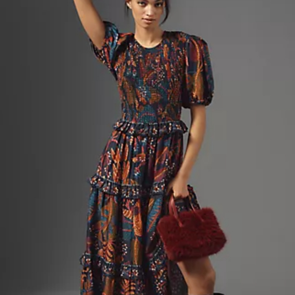 FARM Rio Multicolor Floral Maxi Dress with Puff Sleeves
